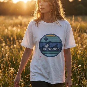Life Is Good T Shirt, Positive Quote Tropical Graphic Tee, Palm Tree Ocean Circle Design Shirt, Feel Good Summer Top, Unisex Tshirt image 3