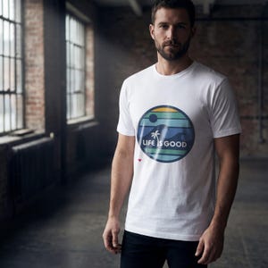 Life Is Good T Shirt, Positive Quote Tropical Graphic Tee, Palm Tree Ocean Circle Design Shirt, Feel Good Summer Top, Unisex Tshirt image 2