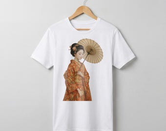 Japanese Geisha T Shirt, Elegant Kimono Woman Graphic Tee, Traditional Japan Art Shirt, Oriental Aesthetic Style Top, Unisex Tee