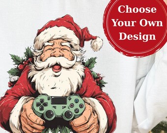 Sudadera navideña personalizada de Papá Noel gamer. Elige tu propio diseño. Regalo para Navidad.
