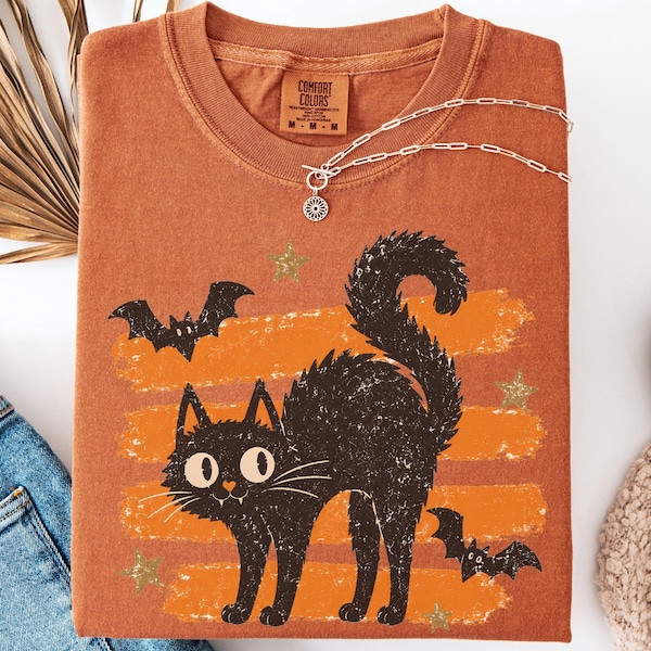 Comfort Colors Black Cat Halloween Shirt, Retro Spooky Season Tee