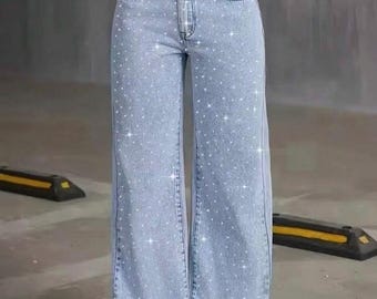 High Waisted, wide leg jeans with rhinestones