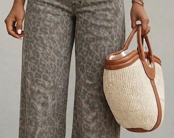 Dark faded Leopard Print Wide leg jeans