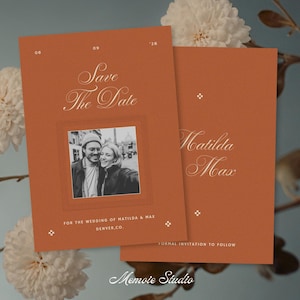 May include: Terracotta-colored wedding save-the-date cards with elegant script. One card features a photo of a couple and the text "Save The Date." The other card says "Matilda Max." Floral accents and the Memote Studio logo are visible.