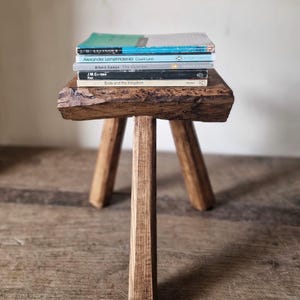 Puede incluir: Un taburete de madera pequeño de tres patas con una superficie de borde natural y rugoso. Una pila de cinco libros de bolsillo descansa sobre el taburete, incluyendo títulos de J.D. Salinger, Alexander Lernet-Holenia, Albert Camus, J.M. Coetzee y Exile and the Kingdom.