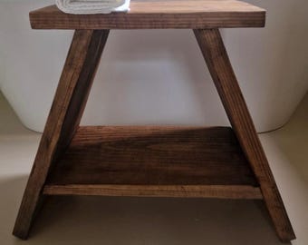 Handmade Rustic Solid Chestnut Stool, Dark Brown Wax Finish, Wooden Step Bench