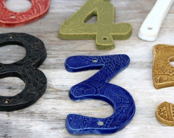 Address Numbers - Organic House Numbers - Set of 3 - Choose Your Color - Nautical Royal Blue Rustic Red Olive Green Mustard - MADE TO ORDER