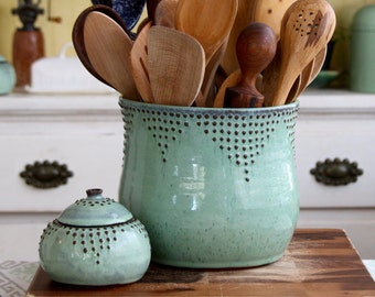 Extra Large Kitchen Utensil Holder - Aqua Mist - Hand Thrown Vase - Modern Home Decor - MADE TO ORDER