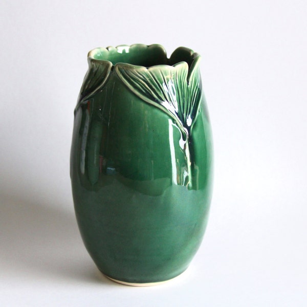 Emerald Ginkgo Leaf Vase - Hand Thrown Crock Vase - Minimalist Home Decor - READY TO SHIP