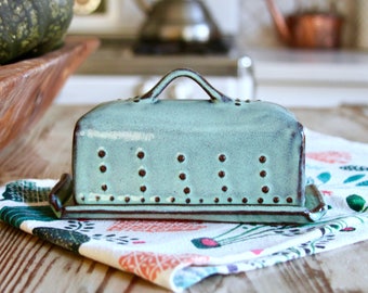 Covered Butter Dish with Lid - Rustic Aqua Mist - French Country Home Decor - READY TO SHIP