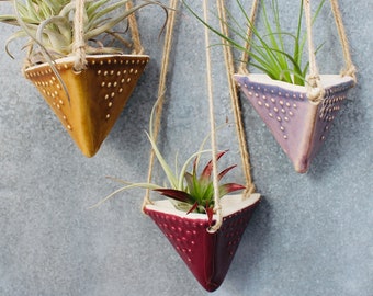 Triangle Hanging Planter - Small Air Plant Holder - Geometric Pot with Dots Design - Modern Home Decor - READY TO SHIP