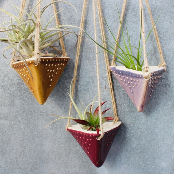 Triangle Hanging Planter - Small Air Plant Holder - Geometric Pot with Dots Design - Modern Home Decor - READY TO SHIP