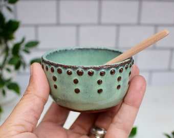 Salt Bowl with Wooden Spoon in Aqua Mist - Handmade Pottery Bowl - Modern Farmhouse Kitchen - READY TO SHIP