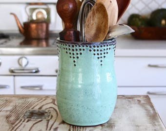 Utensil Holder - Medium Size - Aqua Mist - Hand Thrown Vase - Modern Kitchen Home Decor - MADE TO ORDER