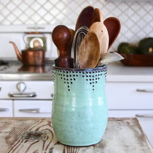 Utensil Holder - Medium Size - Aqua Mist - Hand Thrown Vase - Modern Kitchen Home Decor - MADE TO ORDER