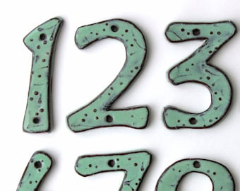 Address Outdoor House Numbers - Set of 2 - 4 inch, 5 inch, 6 inch Size - Pottery Letters Numbers - Organic Style - Aqua Mist - MADE TO ORDER