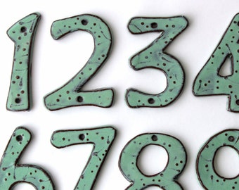 House Numbers Organic - 4 inch, 5 inch or 6 inch Size Pottery Letters or Numbers - Aqua Mist Color - MADE TO ORDER