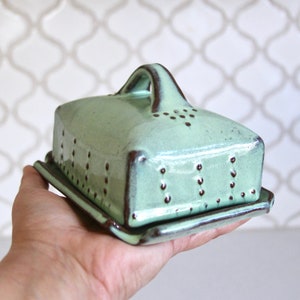 Butter Dish European Size with Lid and Handle Rustic Aqua Mist French Country Home Decor READY TO SHIP image 4