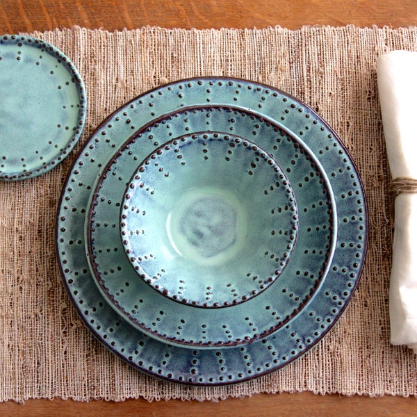 Dinner Plates - Handmade Stoneware Dinnerware - Dinner Salad Plate and Bowl - Aqua Mist - French Country - MADE TO ORDER