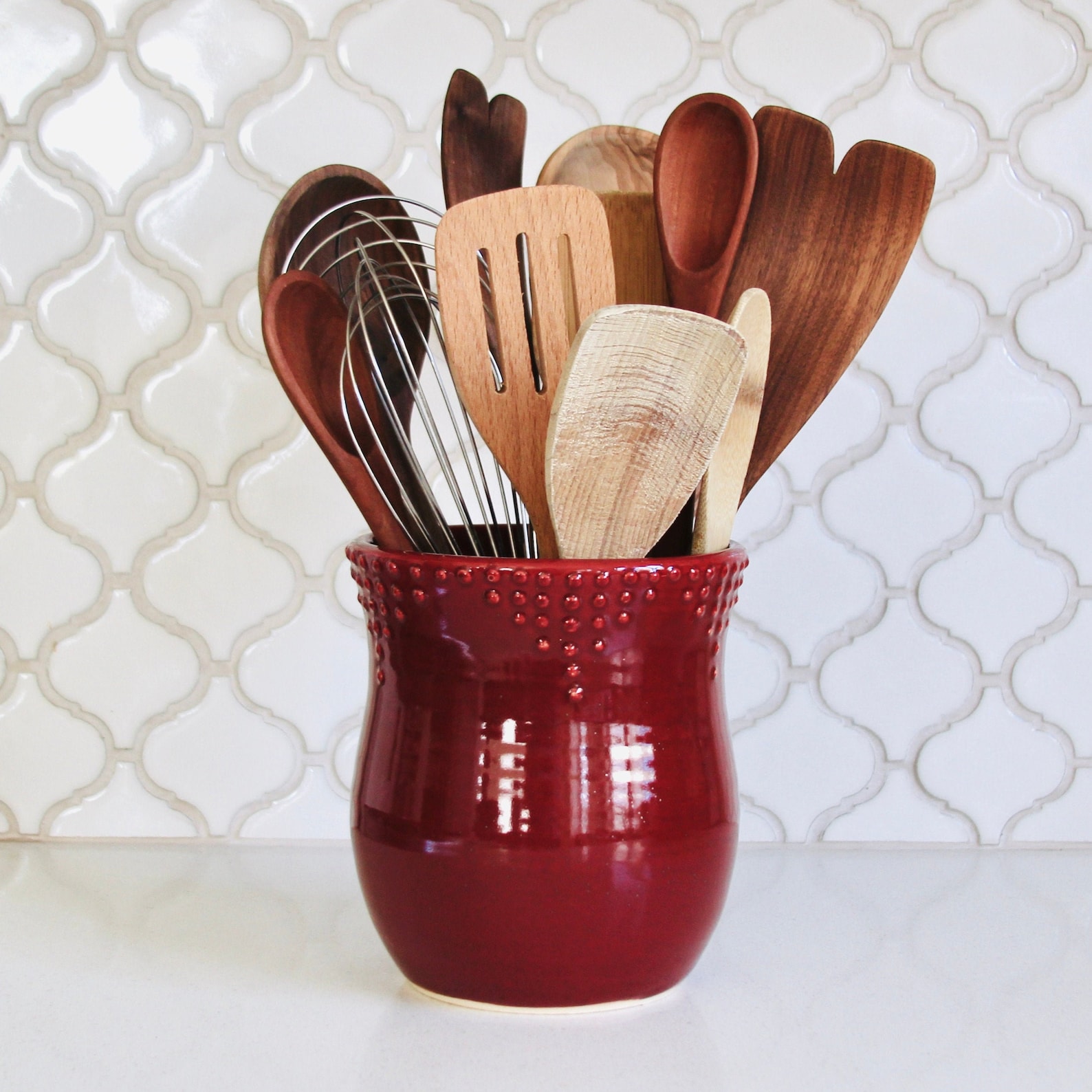 Utensil Crock Large Red Utensil Holder Modern Farmhouse Etsy