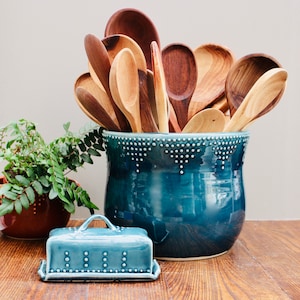 Jumbo Utensil Crock - Farmhouse Kitchen Utensil Holder - Extra Large Blue Utensil Holder - Pottery Wooden Spoon Holder