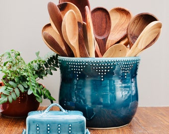 Jumbo Utensil Crock - Farmhouse Kitchen Utensil Holder - Extra Large Blue Utensil Holder - Pottery Wooden Spoon Holder