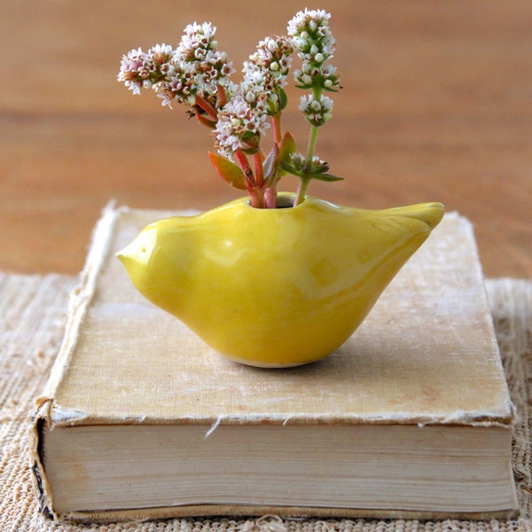 Little Yellow Bird Vase - Home Decor - OOAK Handmade Sculptures - Ready to Ship