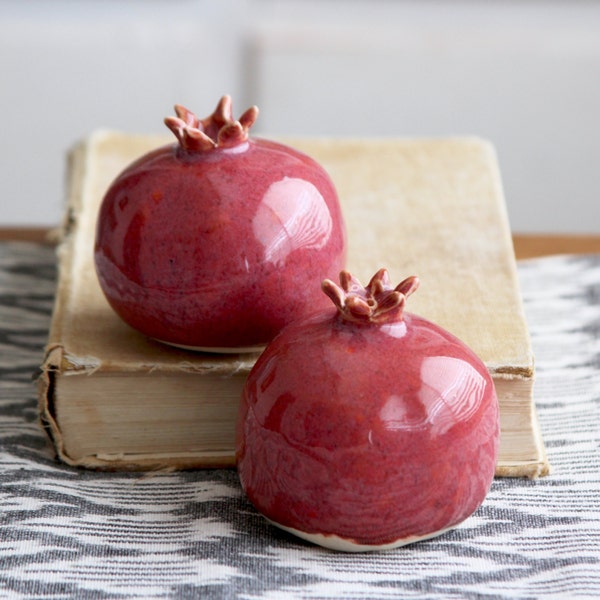Pomegranates Salt & Pepper Shakers -  Handmade Porcelain Sculptures - Kitchen Table Home Decor - Bright Red, Rustic Red - MADE TO ORDER