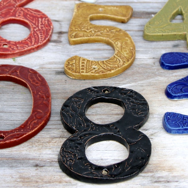 Address Numbers - Organic Style - Stoneware House Numbers - Custom Color Choice - Black White Blue Red Green Mustard - MADE TO ORDER