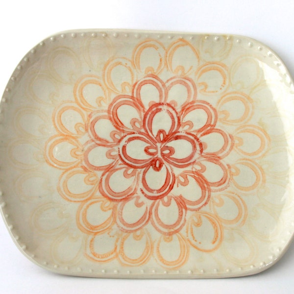 Coral Ombre Square Oval Serving Platter with Botanical Design - Artsy Kitchen OOAK - Ready to Ship
