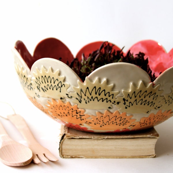 Scalloped Ombre Bowl - Hedgehog Porcupine Woodland Animals OOAK - Paprika Red Peach and Cream - Modern Dinnerware Home Decor - Ready to Ship