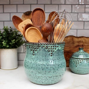 Porta-utensílios de cozinha extra grande - Aqua Mist - Vaso feito à mão - Decoração moderna para casa
