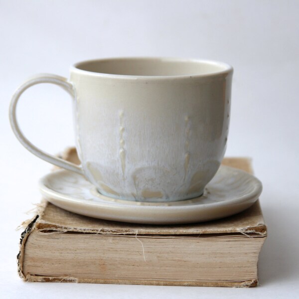 Tea Cup and Saucer - Ceramic Coffee Mug - Creamy White - Handmade Stoneware OOAK - Ready to Ship