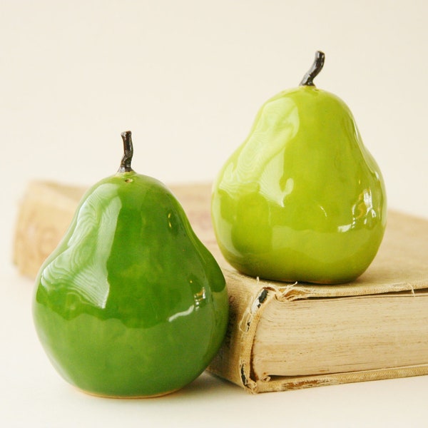 Porcelain Salt & Pepper Shakers - Pears Handmade Sculptures - Kitchen Table Home Decor - Bright Green - MADE TO ORDER