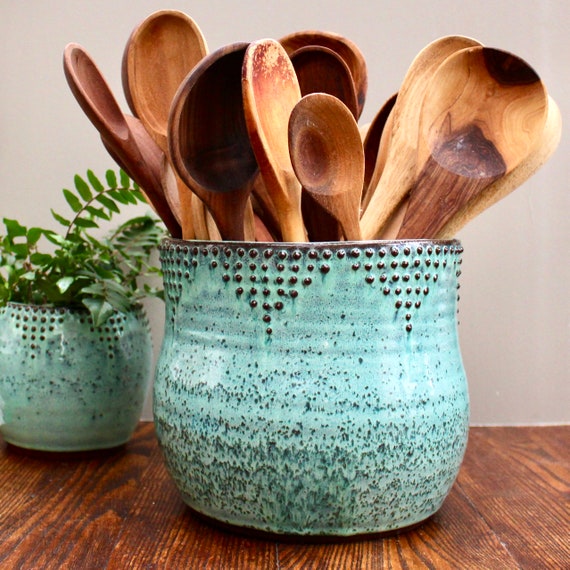 Extra Large Kitchen Utensil Holder Aqua Mist Hand Thrown Vase