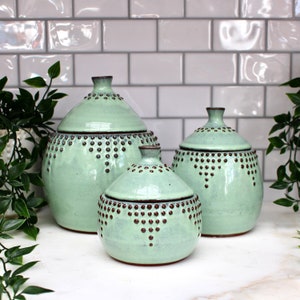 Lidded Jars in Aqua Mist - 10, 20, or 40 oz. Ceramic Canister Set or Single Jar - Modern Farmhouse Home Decor - MADE TO ORDER