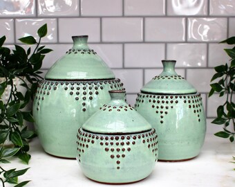 Lidded Jars in Aqua Mist - 10, 20, or 40 oz. Ceramic Canister Set or Single Jar - Modern Farmhouse Home Decor - MADE TO ORDER