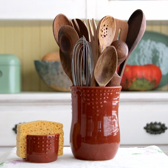 Jar for Wooden Spoons and Utensils Rustic Teal Green Spoon Crock Stoneware Utensil Crock Pottery Utensil Holder