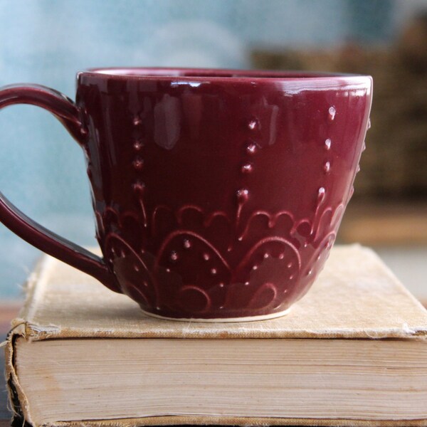 Coffee Cup - Stoneware Pottery Mug - Blackberry - Modern Lace Design - OOAK - Ready to Ship