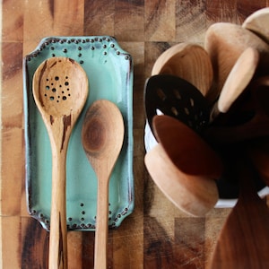 Large Spoon Rest - Jewelry Tray - Soap Dish - Double Spoon Holder - Rustic Handmade Pottery - Aqua Mist French Farmhouse - READY TO SHIP