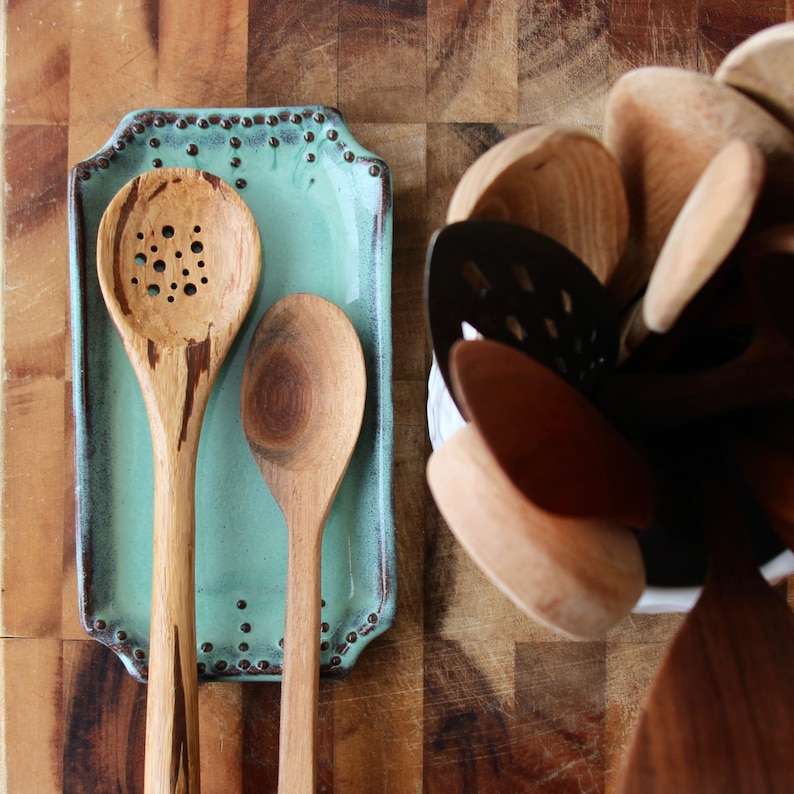 Large Spoon Rest - Jewelry Tray - Soap Dish - Double Spoon Holder - Rustic Handmade Pottery - Aqua Mist French Farmhouse - READY TO SHIP 