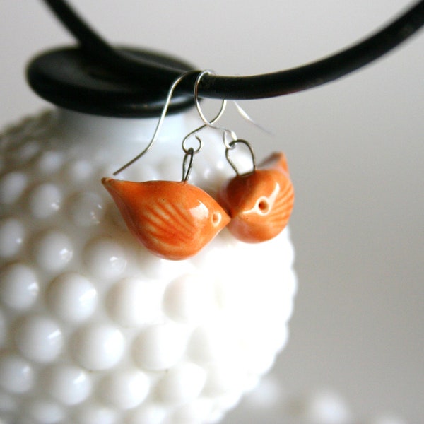 Love Bird Earrings - Handmade Ceramic - Bright Orange - Ready to Ship