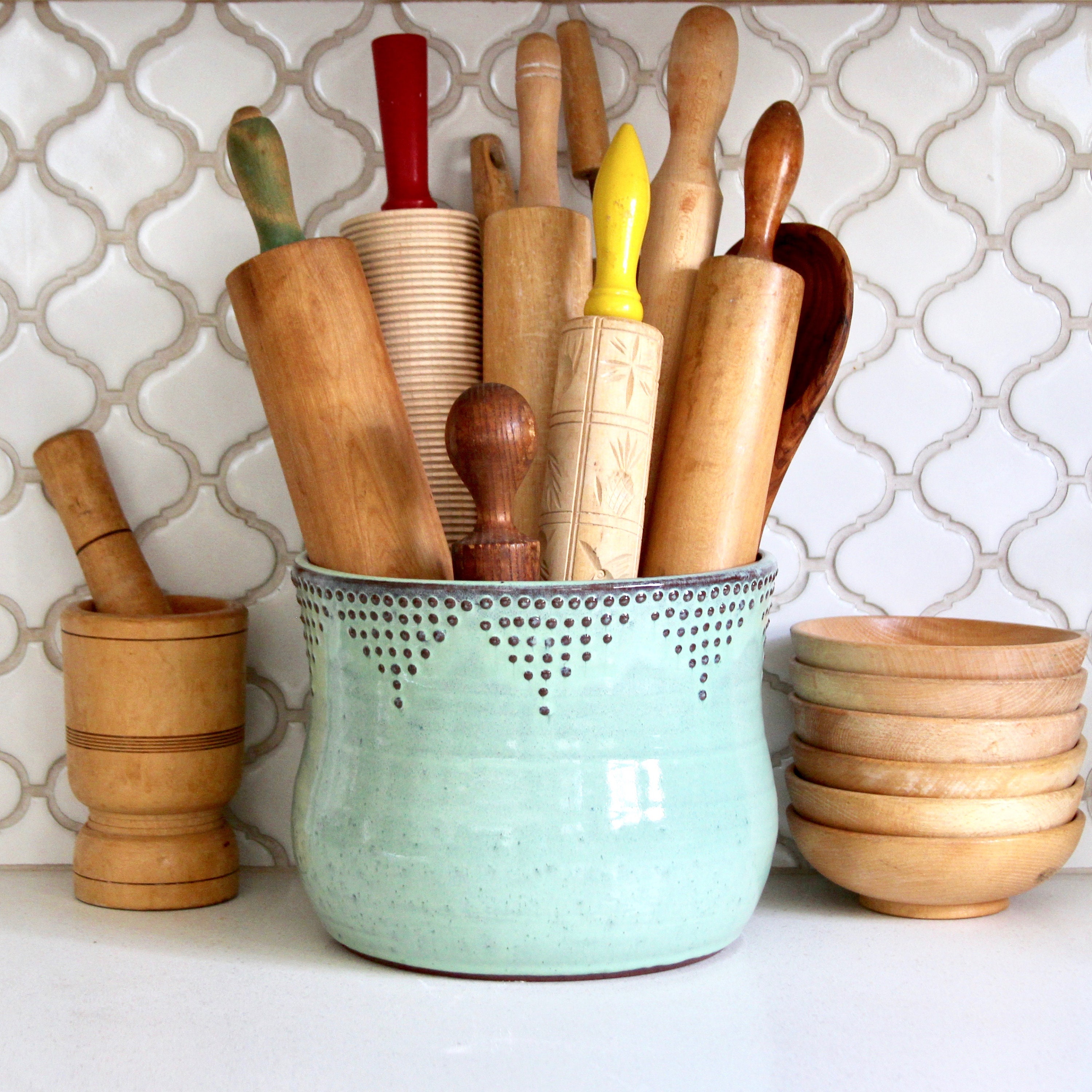 White Utensil Holder for Countertop- Stylish, Rustic Farmhouse Utensil  Holder & Organizer - Heavy, Durable, Extra Large Utensil Holder for Modern