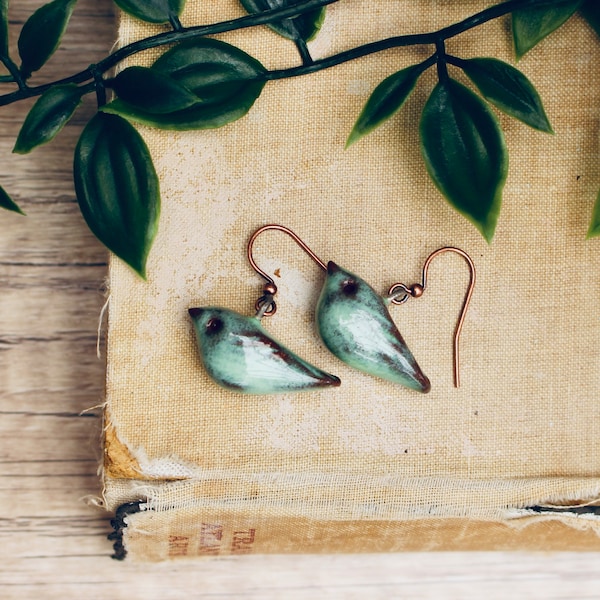 Little Bird Ceramic Earrings - Rustic Aqua Mist - Long French Copper Earwires - READY TO SHIP