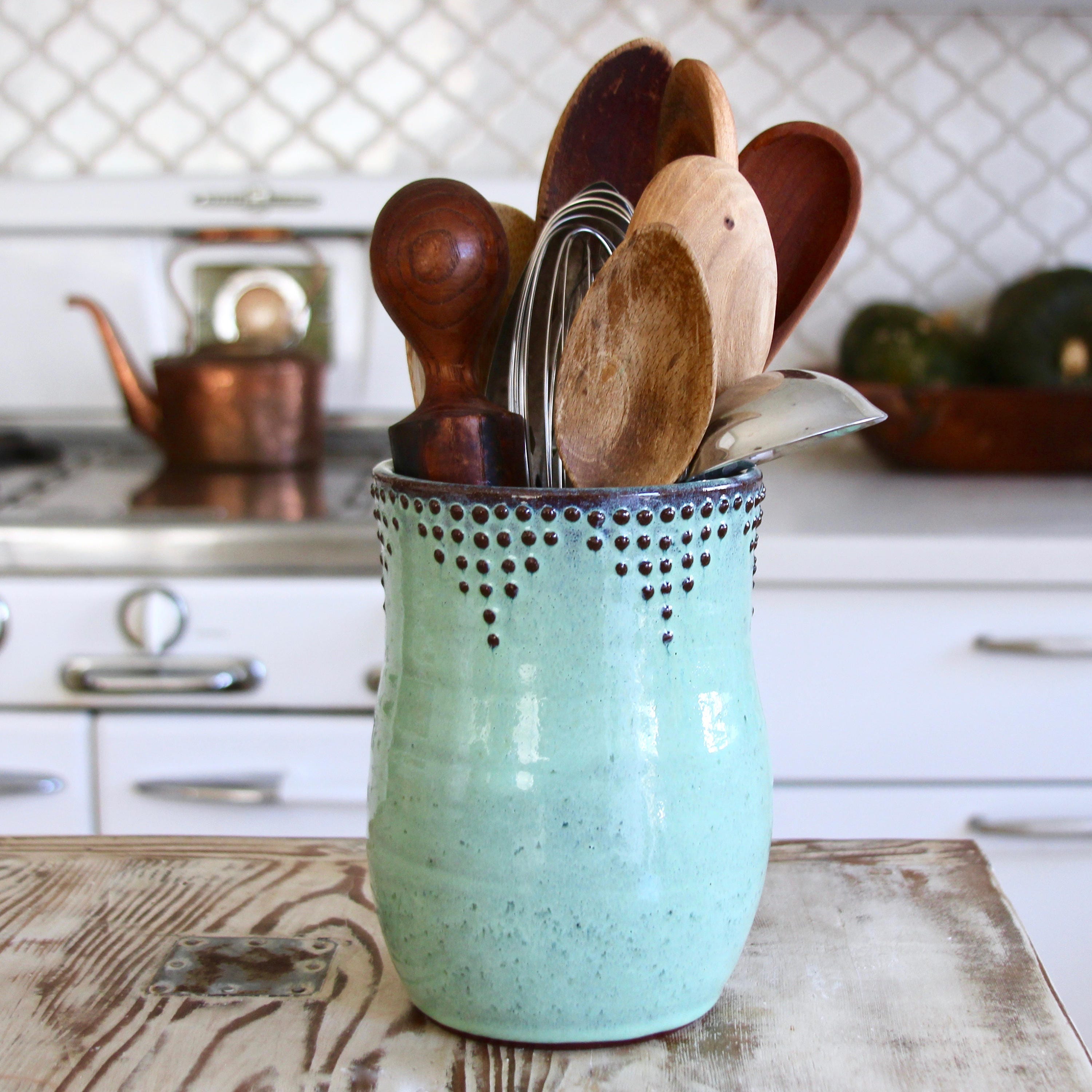 Medium Utensil Holder / Vase, Aqua Mist — Back Bay Pottery