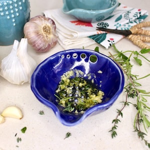 Garlic & Herb Bowl Herb Stripper and Garlic Grater in One Kitchen Tool Salad Dressing Bowl Handmade Stoneware Dish READY TO SHIP Cobalt Blue