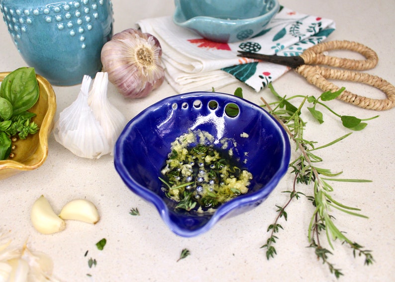 Garlic & Herb Bowl Herb Stripper and Garlic Grater in One Kitchen Tool Salad Dressing Bowl Handmade Stoneware Dish READY TO SHIP Cobalt Blue