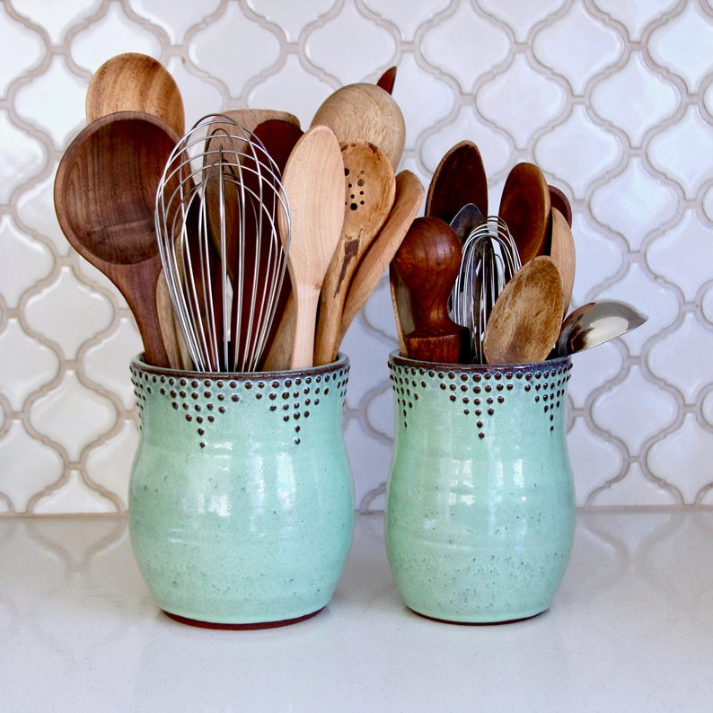 Kitchen Utensil Holder Large Size Aqua Mist Hand Thrown Etsy