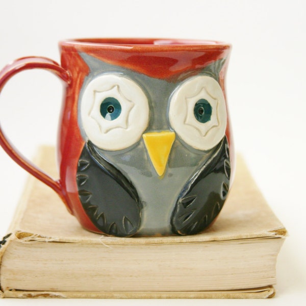 Mrs. Owl Pottery Mug - Vintage Plum - Grey Owl - Original OOAK Design - Made to Order