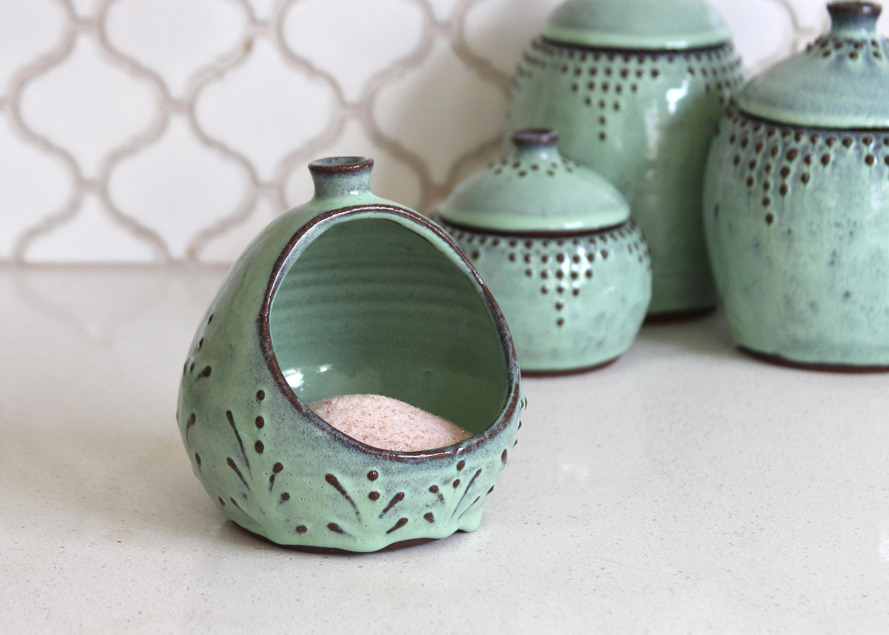 Salt Pig - Salt Cellar Crock Keeper Modern Farmhouse Home Decor Aqua Mist Handmade Pottery Made To O